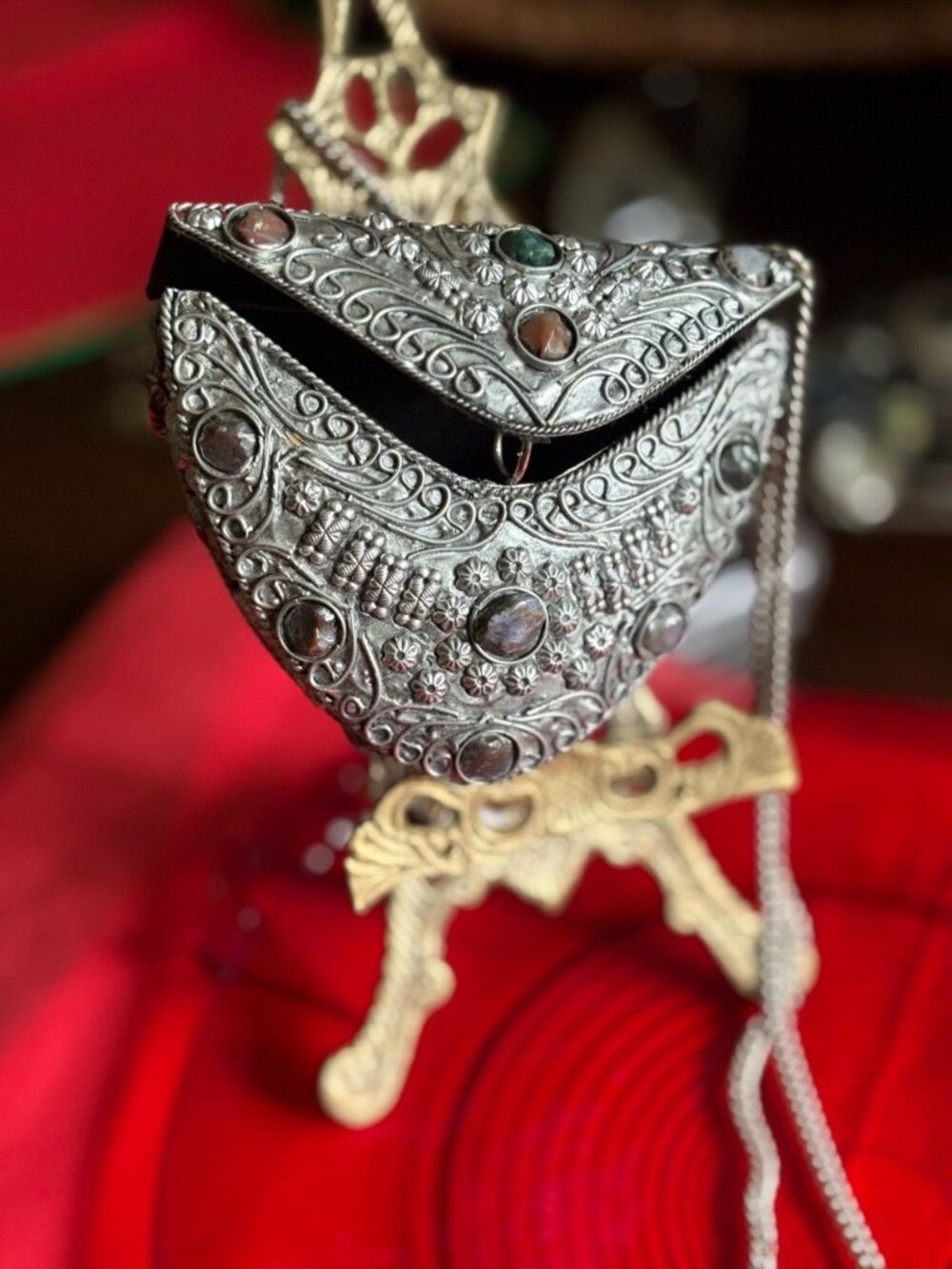 Vintage Sajai Style Handcrafted Metal & Stone Crossbody Minaudiere